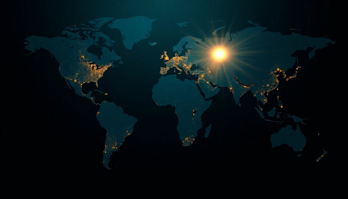 Stylized world map showing global investors and a beacon of light from Mashhad, Iran